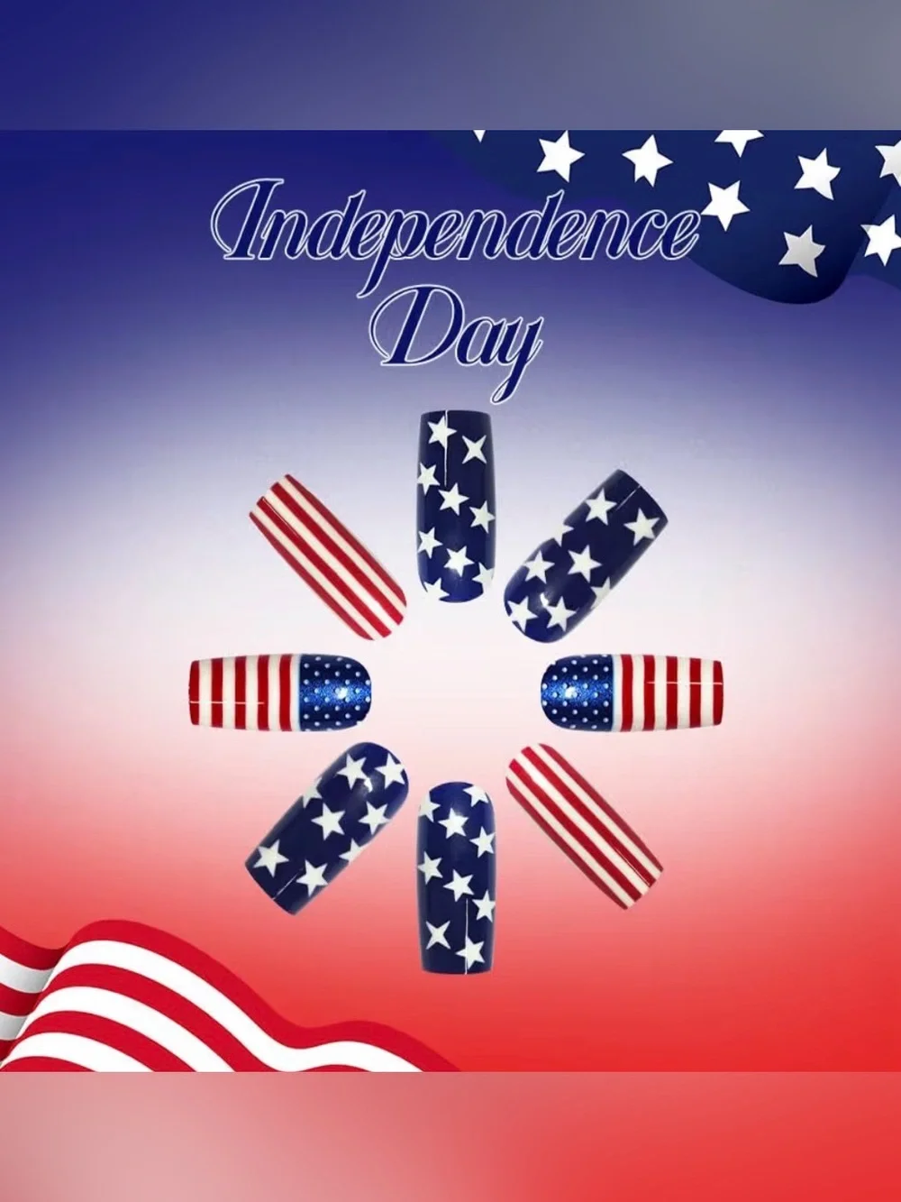 American Flag Inspired Press-On Nails - Red White Blue Stars & Stripes